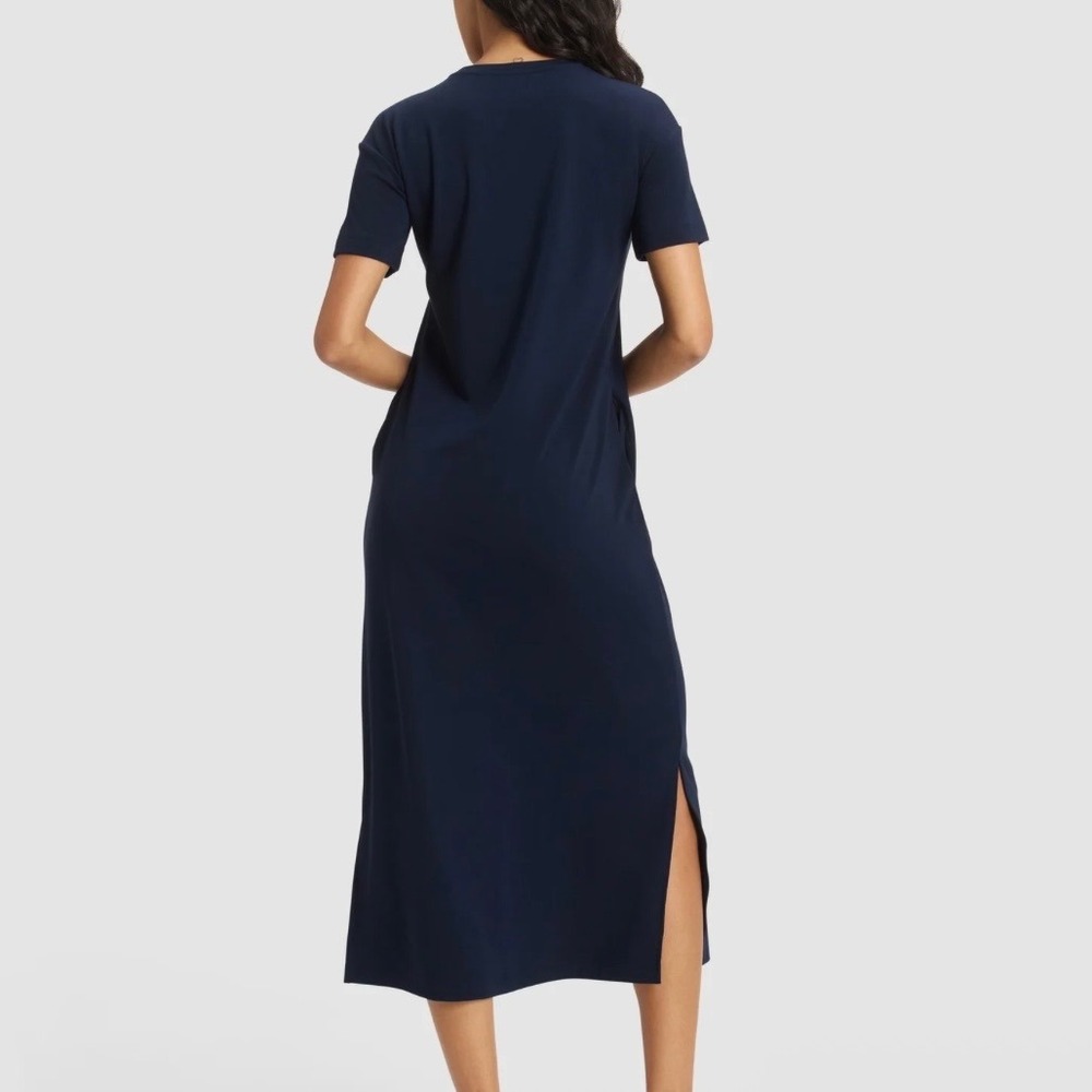 Cozy Earth Brushed Bamboo Short Sleeve Midi Slit Dress in Navy Pockets SZ L - Picture 2 of 13